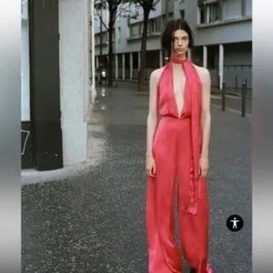 Zara Red Satin Halter Jumpsuit XS Deep Plunge Scarf Tie Wide Leg Evening Blogger